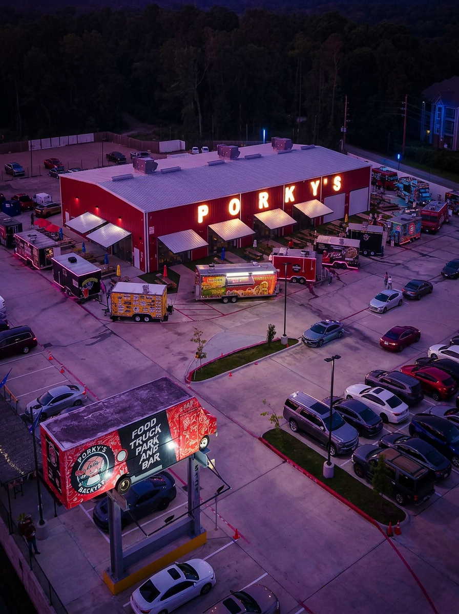 Aerial dusk view of Porky's Backyard food truck park and bar in Humble, TX